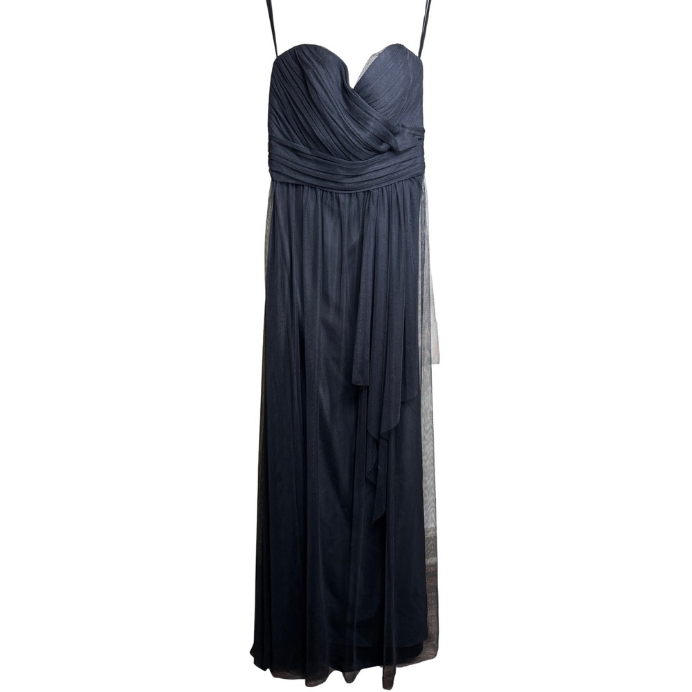 Amsale Navy Blue Mesh Strapless Sweetheart Ruched Maxi Bridesmaid Dress Womens 6